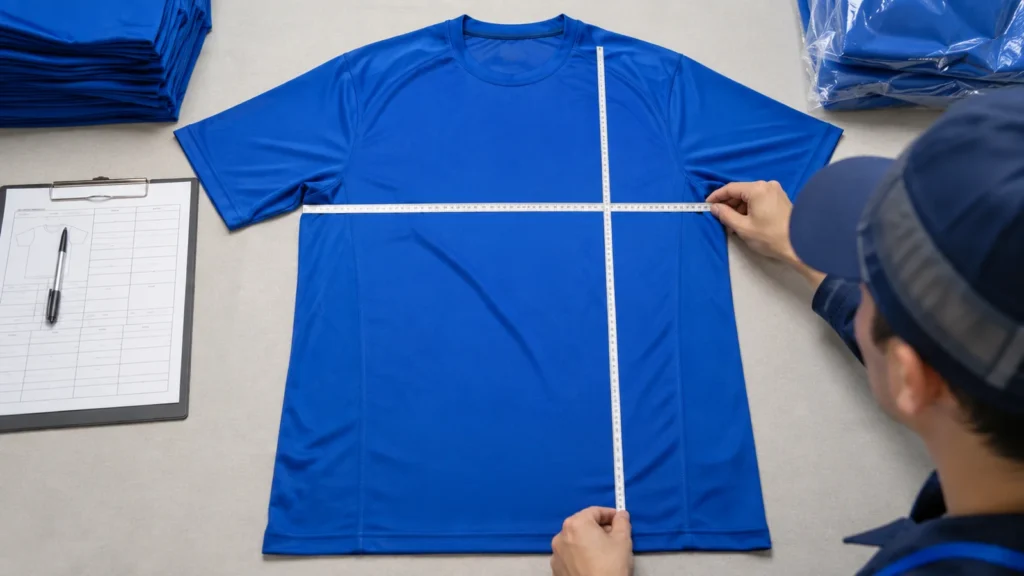 Illustrative garment measurement check. Production measurements should follow the approved point-of-measurement diagram and product-specific tolerances.