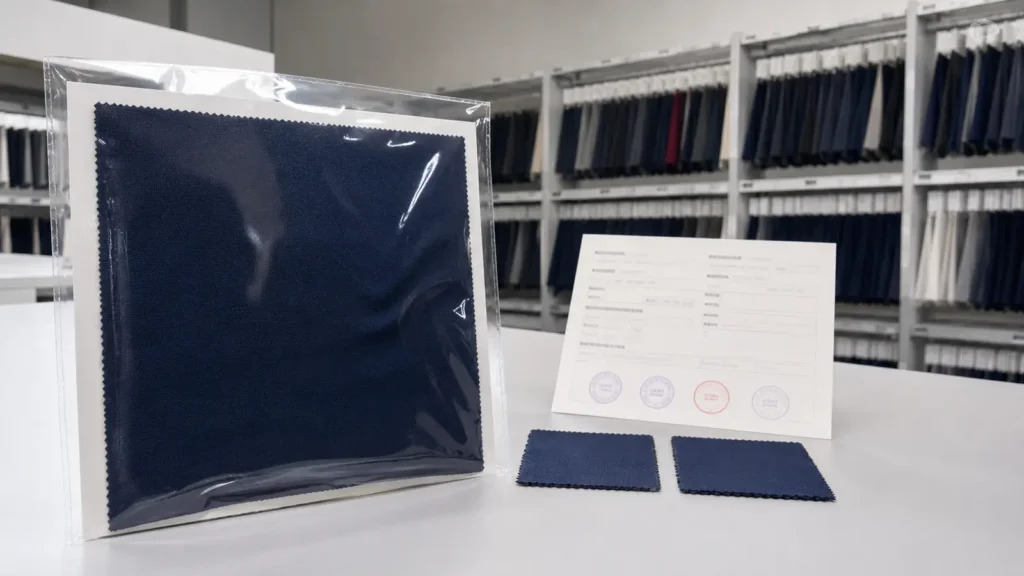 Approved Golden Fabric Swatch labeled and retained for bulk comparison. Illustrative image—replace with verified JIUMU photography when available.