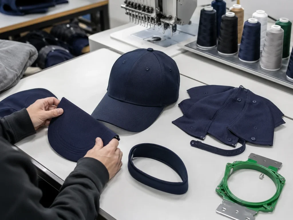 Illustrative custom hat components and production setup — illustrative image; replace with verified JIUMU production photography.