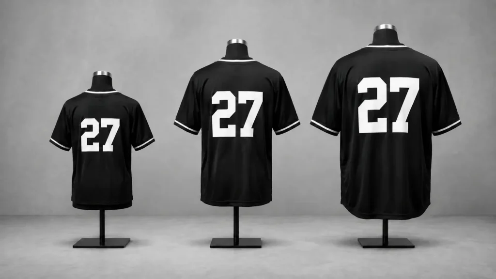 Proportional artwork keeps the same visual hierarchy while respecting different garment dimensions.