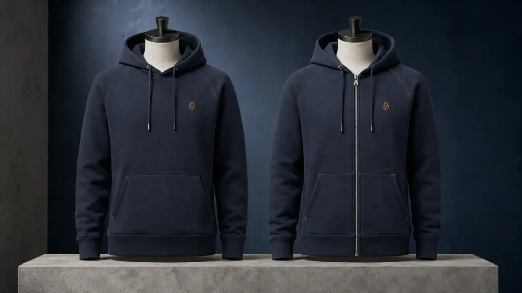 Pullover and zip-up structures serve different wearing situations even when the branding is identical.