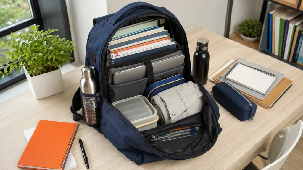 Open navy school backpack organized with books, laptop, lunch, clothing and water bottles