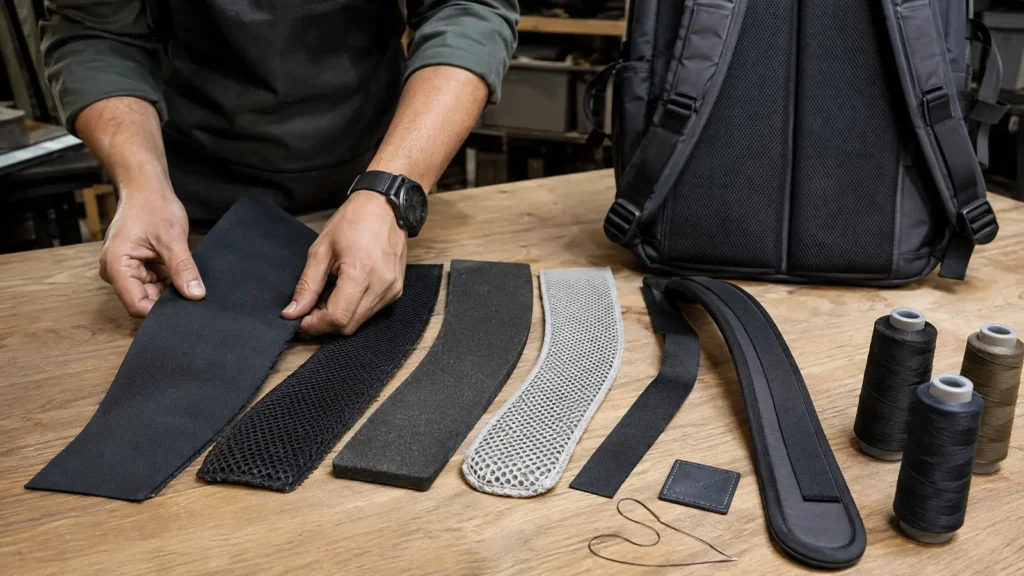 Shoulder-strap fabric foam mesh webbing and reinforcement layers