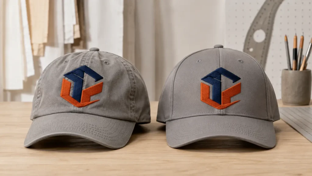 Large embroidered logo on unstructured and structured caps