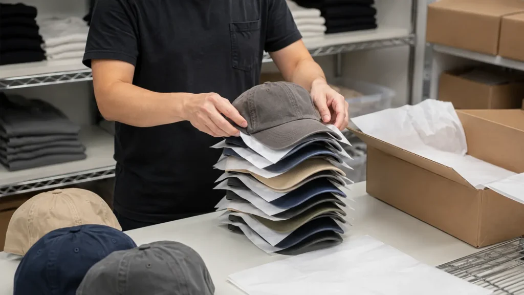 Soft caps can be nested efficiently, but stack height and visor alignment still need to be controlled.