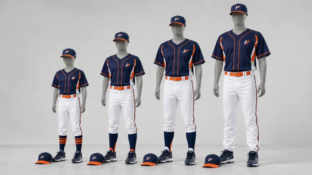 Youth and adult baseball uniforms showing coordinated design across different size proportions