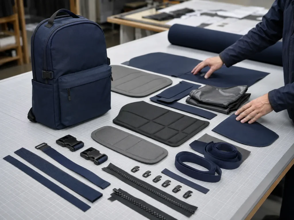 Illustrative backpack component review. Material and hardware minimums can control the feasible order quantity.