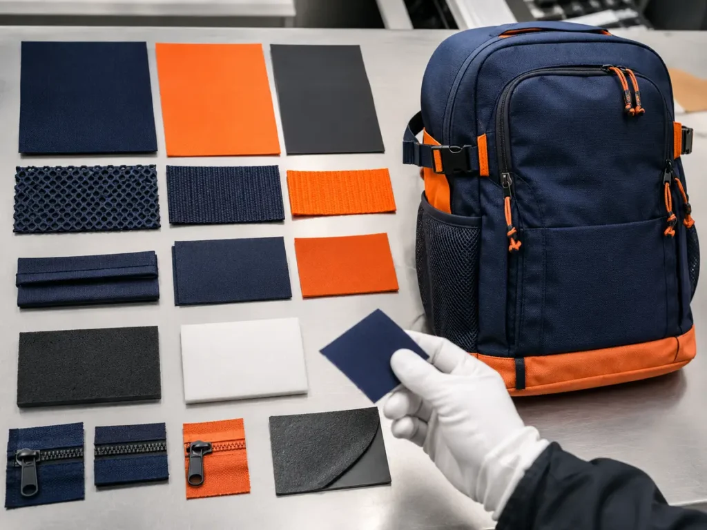 Main fabric, lining, mesh, webbing, foam, coating, and reinforcement materials for a backpack BOM