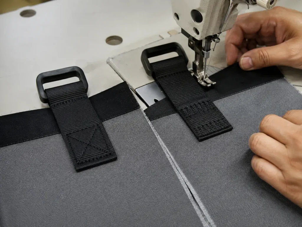 Box-X and bartack strap anchor samples at a sewing workstation