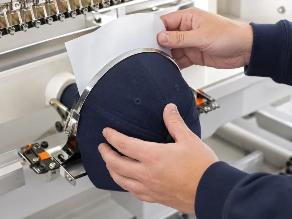 Technician aligning cap backing on a curved embroidery frame