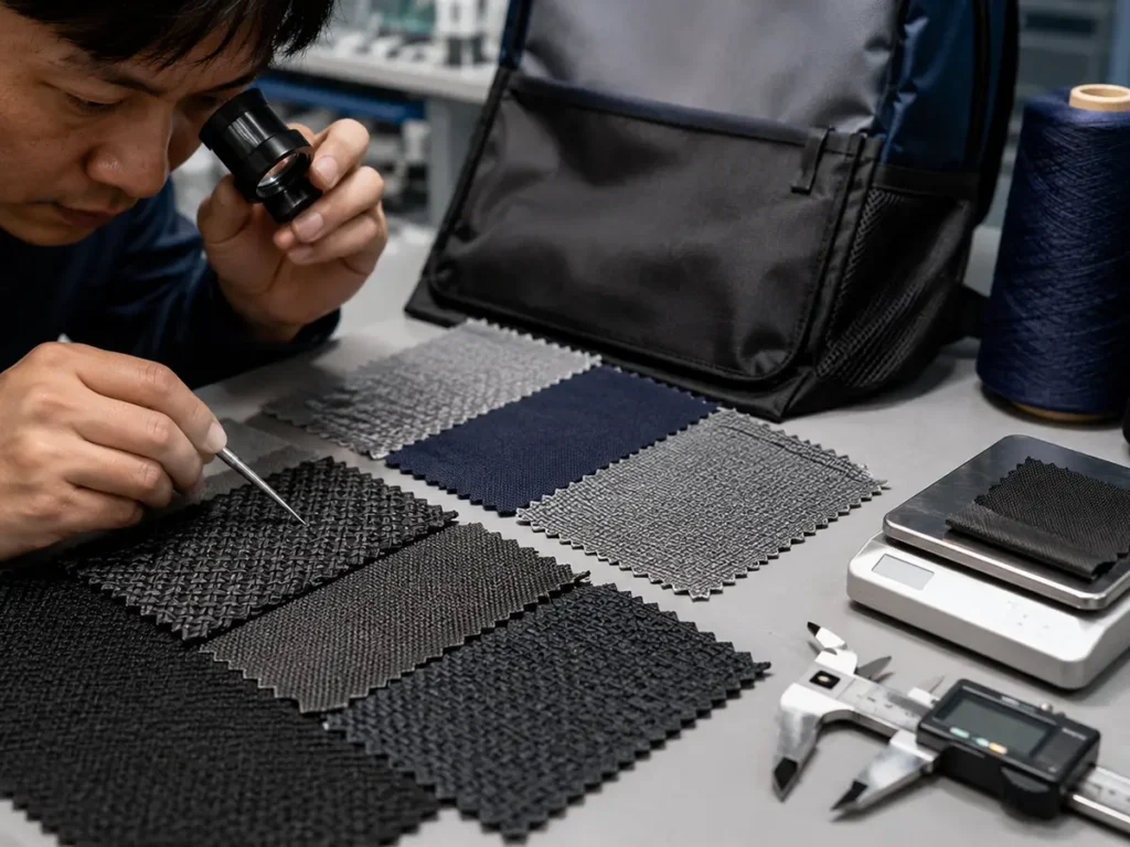 Coated backpack fabric and stitched construction undergoing controlled water evaluation