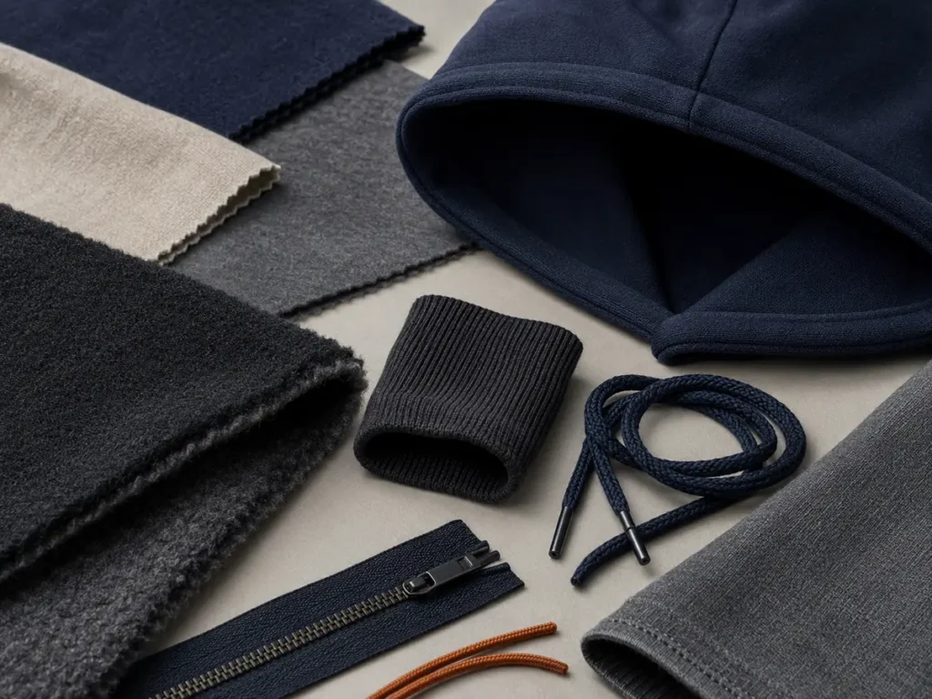 Compare the complete material set, including rib, drawcord and zipper—not only the body fleece.