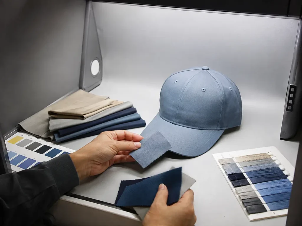 Compare cap fabric, thread and trims with physical references under agreed viewing conditions.