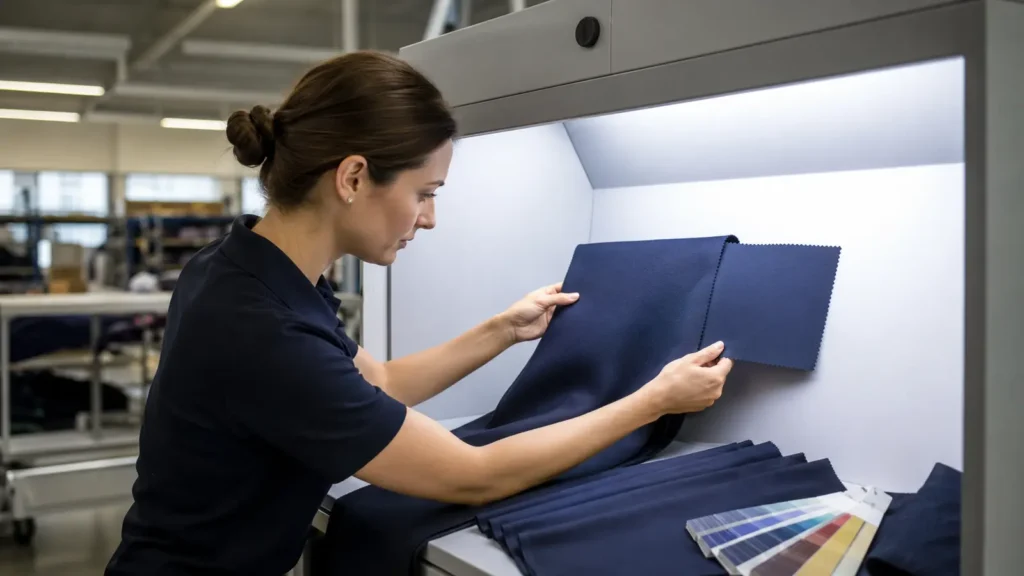 Buyer comparing bulk fabric color with approved physical color standard. Illustrative image—replace with verified JIUMU photography when available.