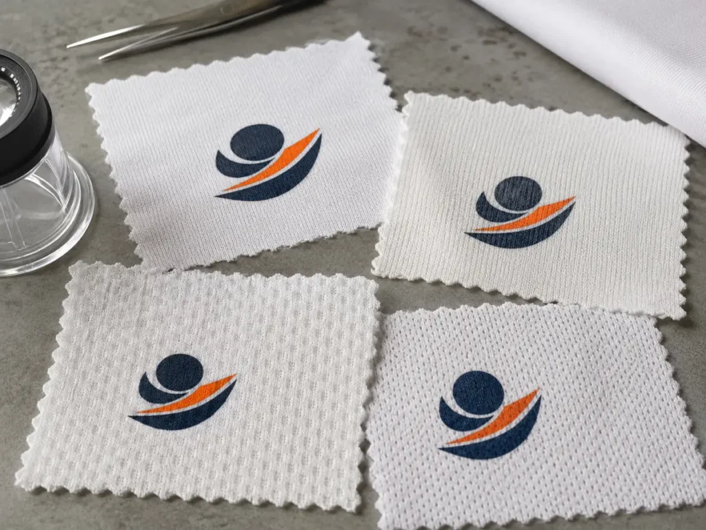 The same print target can appear different on polyester fabrics with different whiteness and surface structures.