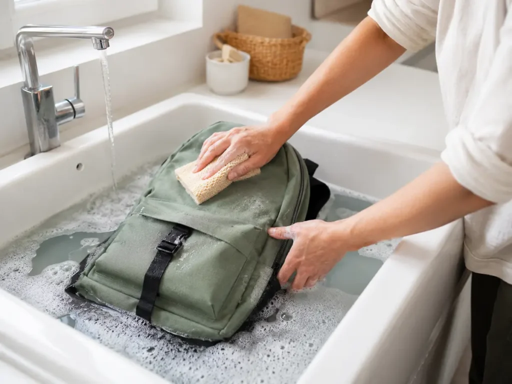 Support a saturated backpack and avoid pulling it by one strap.