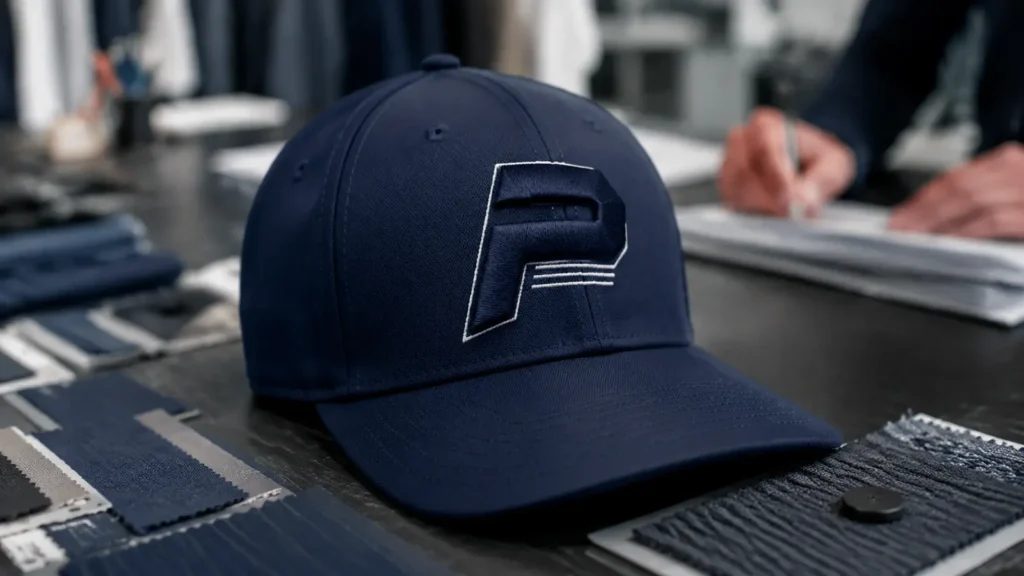 Hybrid custom hat logo combining raised puff lettering and flat embroidered details. Illustrative image—replace with verified JIUMU photography when available.