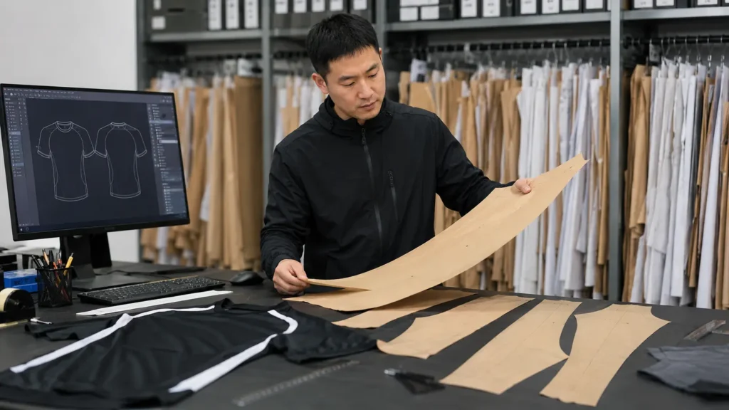 Archived master pattern and graded team jersey pattern being verified for a repeat order. Illustrative image—replace with verified JIUMU photography when available.
