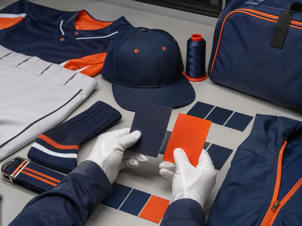 Physical color approval across jersey, pants, cap, socks, belt, jacket, and bag materials