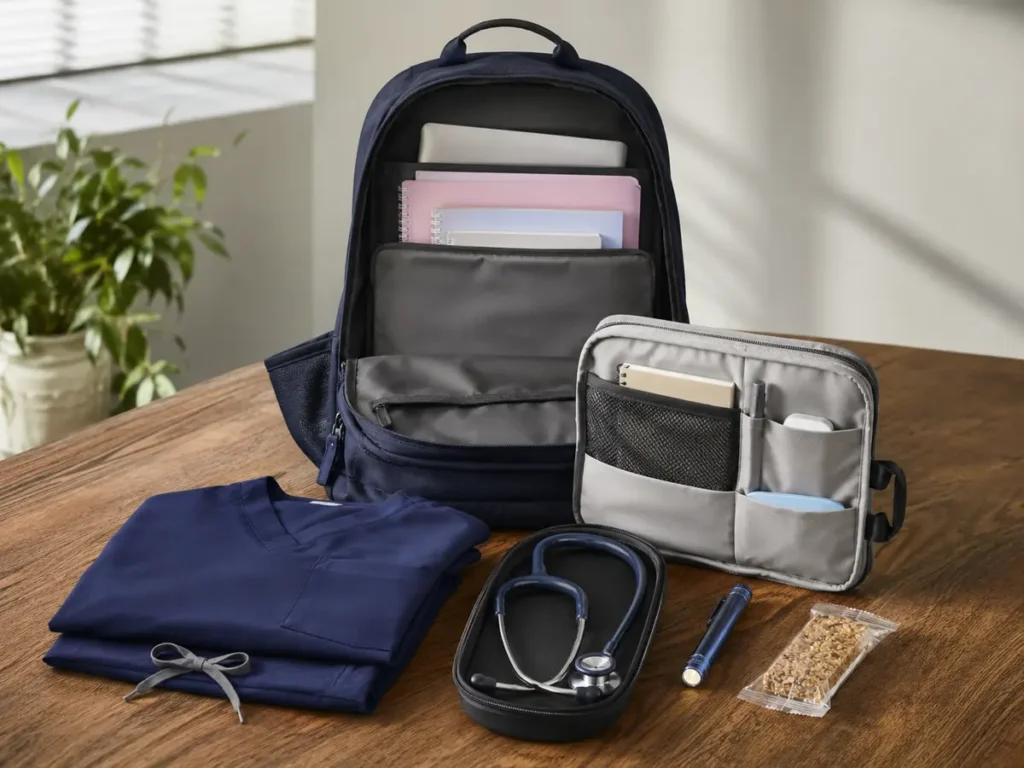 Nursing school backpack with removable clinical organizer