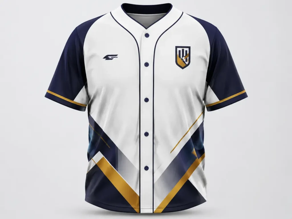 A button-front baseball jersey demonstrating safe placement around the placket and neckline
