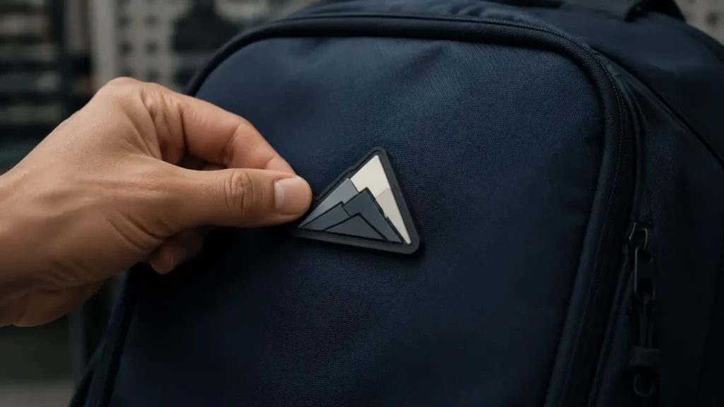 PVC patch positioned on a navy backpack