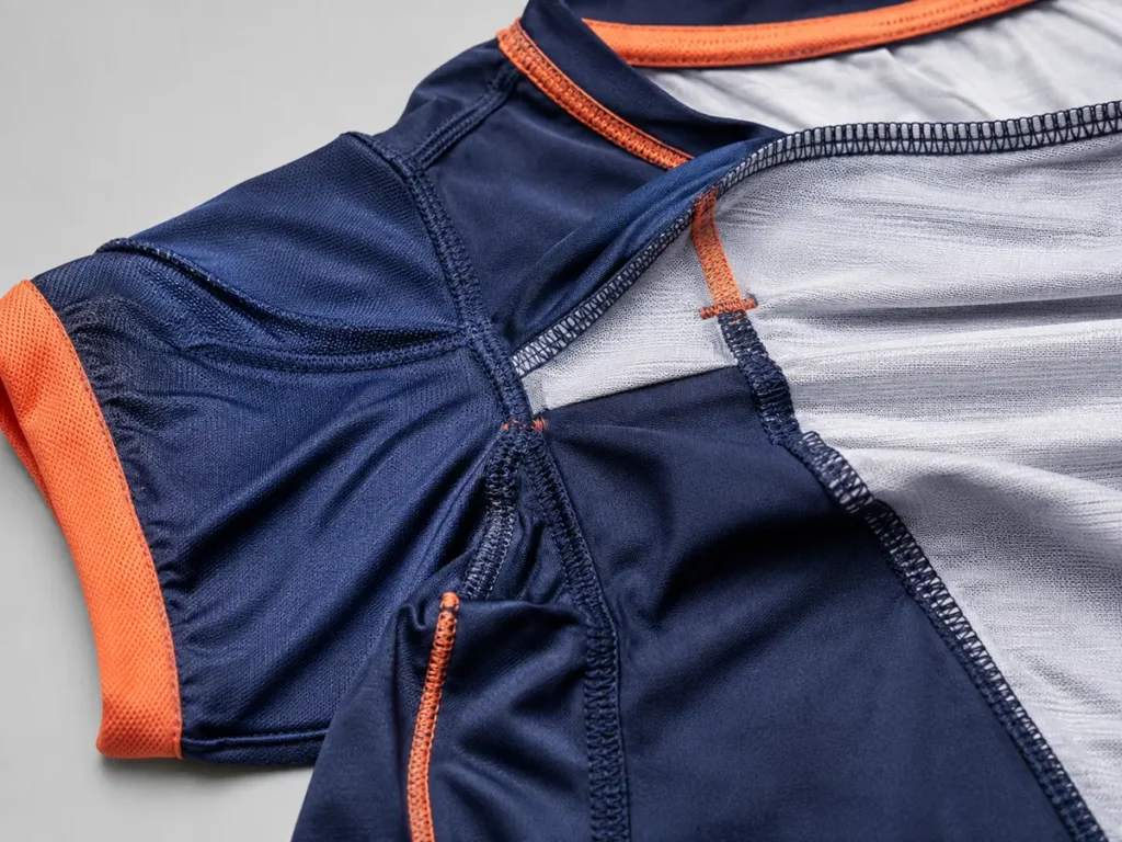 Inside view of reinforced shoulders, armholes and jersey seams