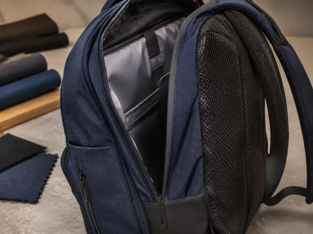 Close view of woven fabric, lining, spacer mesh and reinforced base on a school backpack