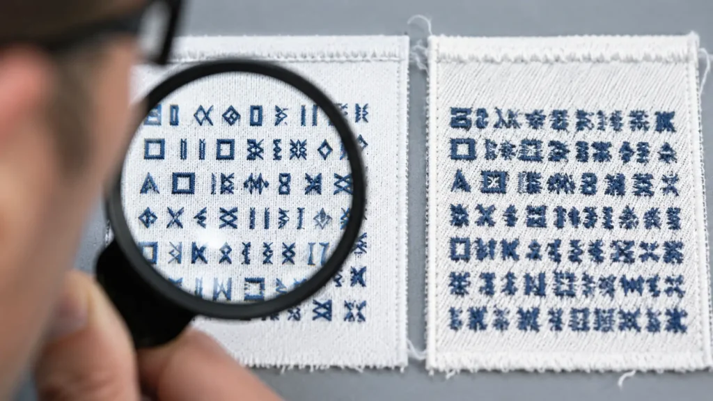 Comparison of readable and blurred small lettering embroidery sew-outs. Illustrative image—replace with verified JIUMU photography when available.