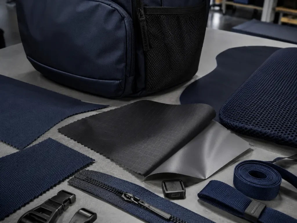 Evaluate shell, lining, mesh, webbing, foam, thread, and hardware as a coordinated material system.
