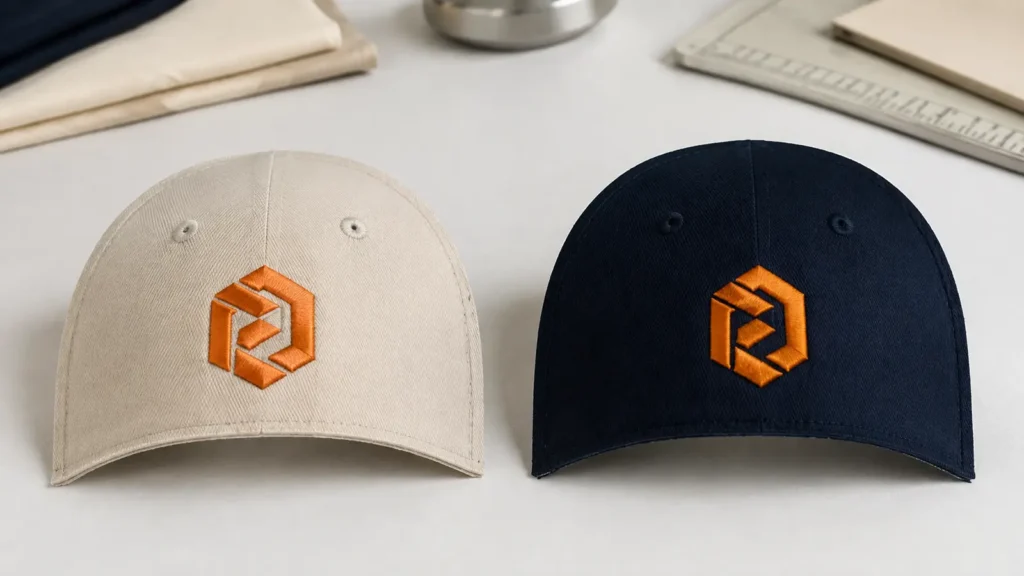 Identical thread can be perceived differently when the cap fabric and contrast change.