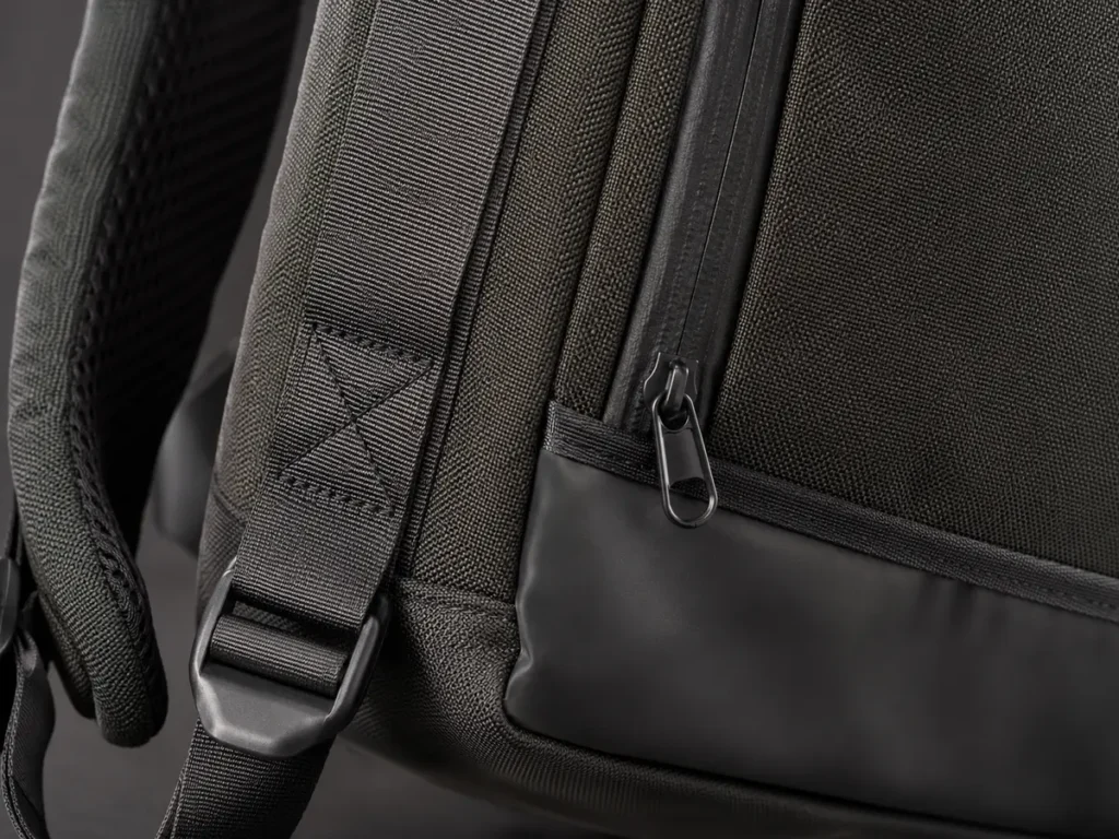 Backpack stitching zipper and reinforced construction