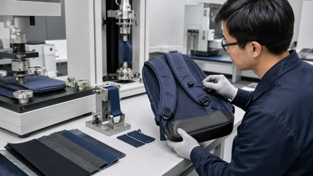 Backpack panels and load points under textile durability evaluation
