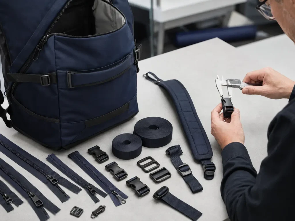 Zippers, sliders, buckles, webbing, binding, shoulder straps, and handle components for a backpack
