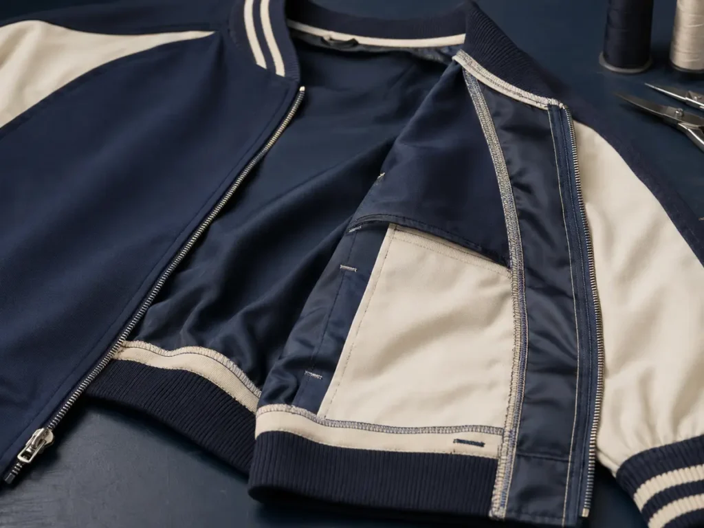Inspect closure alignment, stress points, lining joins, pockets and rib attachment on the physical sample.