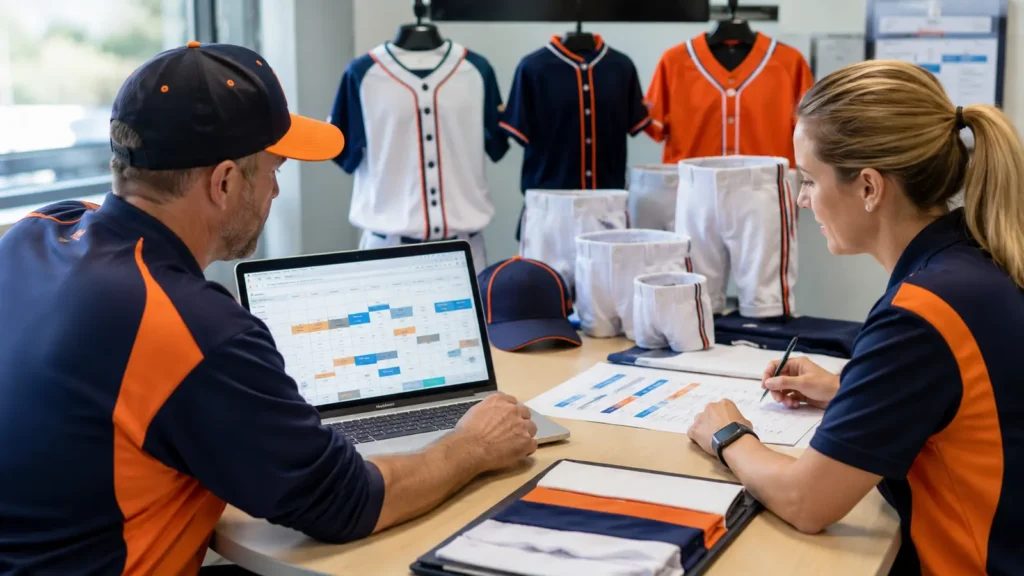 A team manager and apparel coordinator reviewing one controlled roster and sizing samples