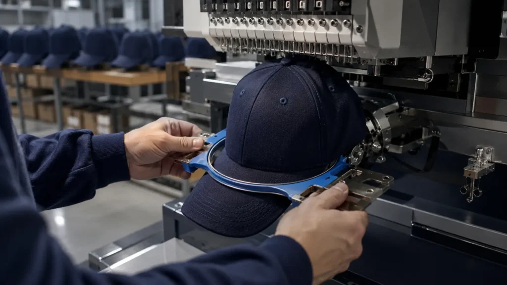 Cap-frame setup and usable front embroidery area being checked on a curved crown. Illustrative image—replace with verified JIUMU photography when available.