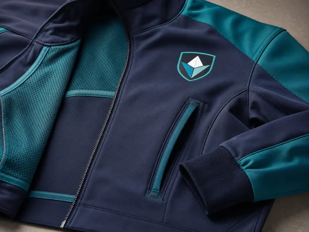 Close-up of zipper, pocket reinforcement, mesh lining and clean seams on a team jacket