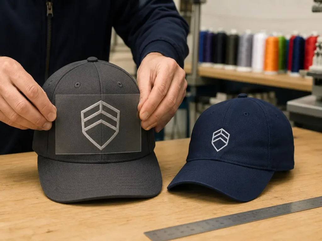 Logo size should be approved as a proportion of the finished crown, not inferred from crown height alone.