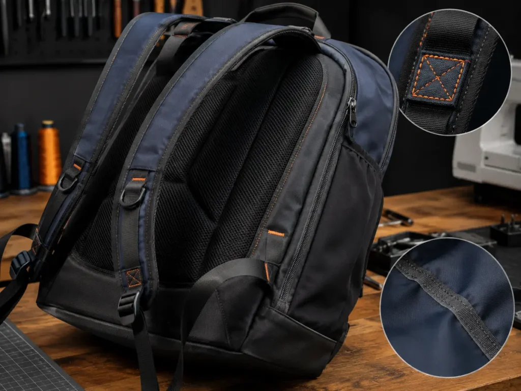 Strap attachments, zipper installation, seam finishing, padding, and the base are practical checkpoints during sample review.