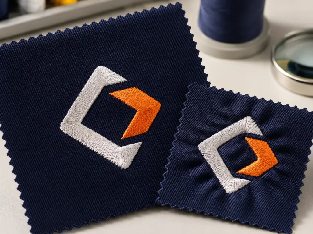 Close view of embroidery stitches, support and a dense test sample