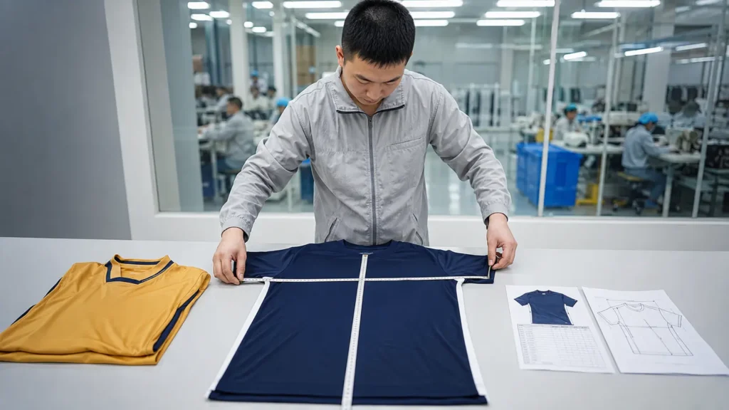 Quality inspector measuring repeat-order teamwear against the approved size specification. Illustrative image—replace with verified JIUMU photography when available.