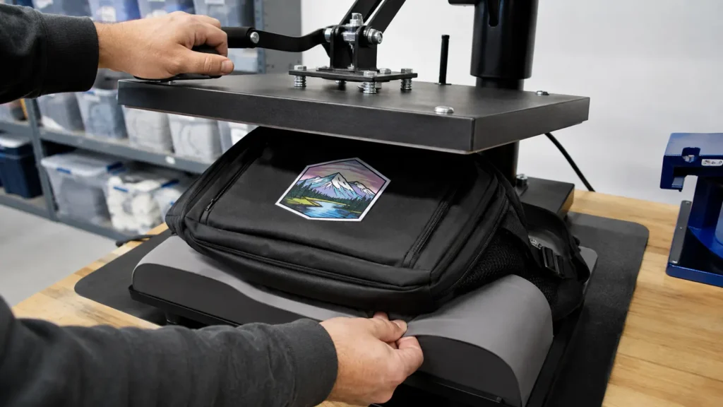 Heat press applying a patch to a supported backpack panel
