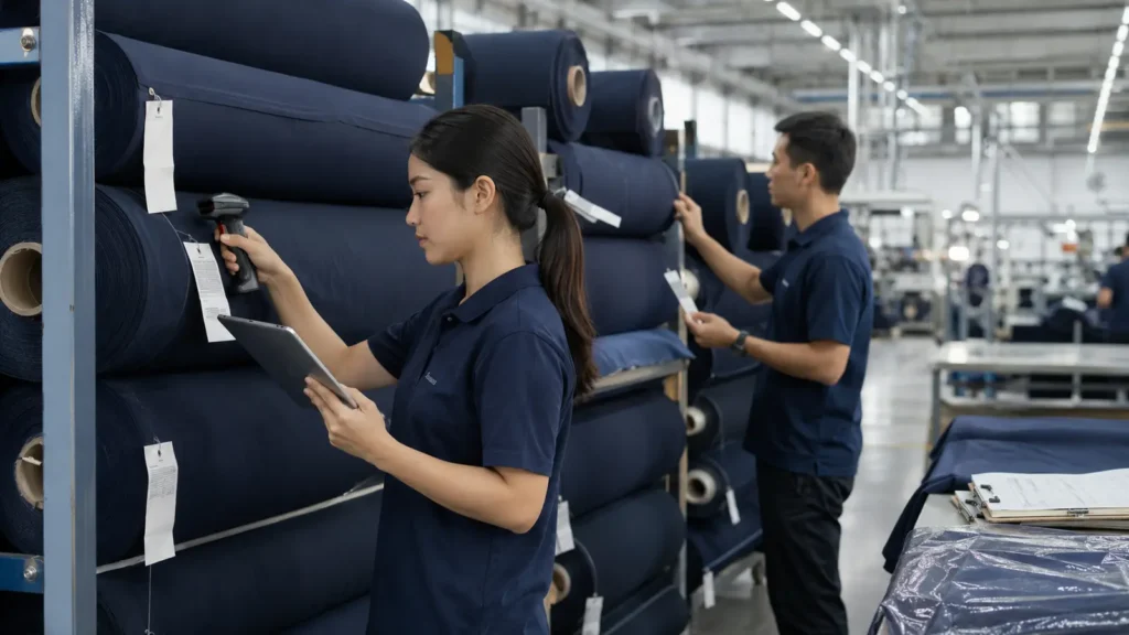 Incoming fabric rolls being checked against receiving documents and approved samples. Illustrative image—replace with verified JIUMU photography when available.