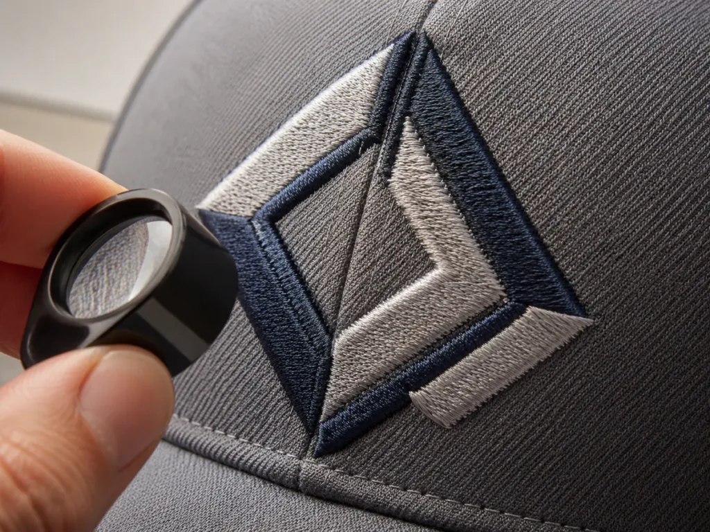 Review stitch coverage, edge definition and the interaction between the embroidery and cap seam.