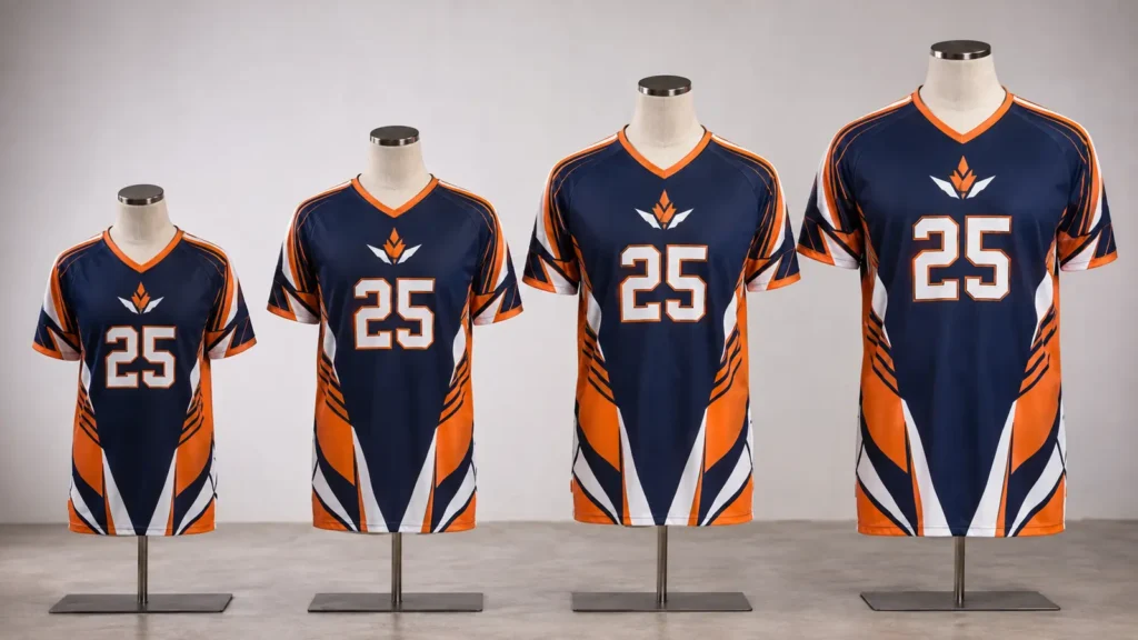 A youth-to-adult size run showing consistent identity with controlled artwork scaling