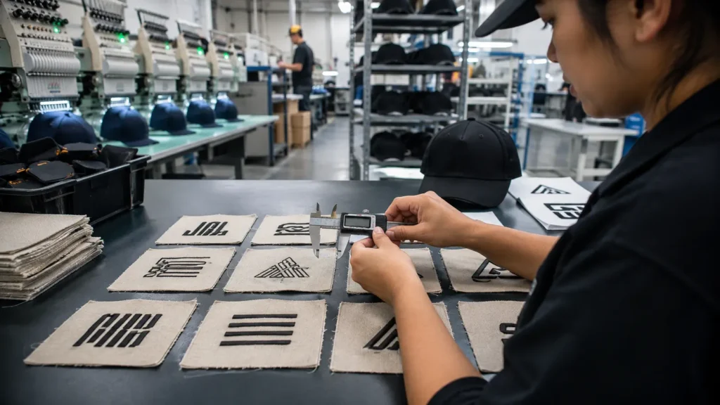 Technician inspecting embroidered line width and spacing test samples. Illustrative image—replace with verified JIUMU photography when available.