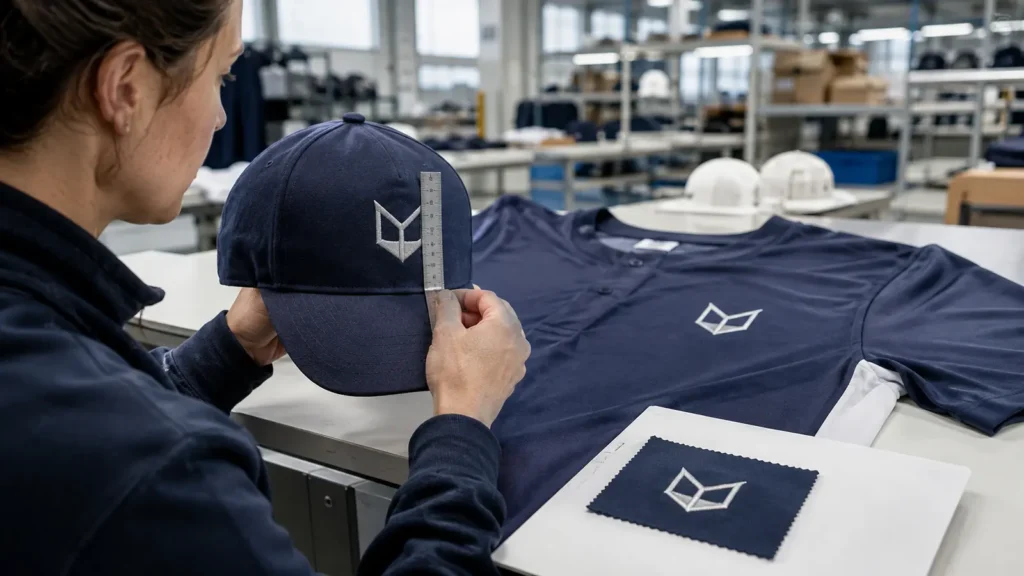 Checking logo placement and decoration workmanship on apparel and hats. Illustrative image—replace with verified JIUMU photography when available.