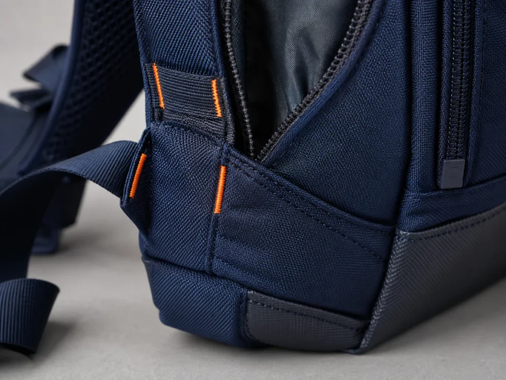 Reinforced school backpack strap anchors, bar-tack stitching, durable seams and zipper construction