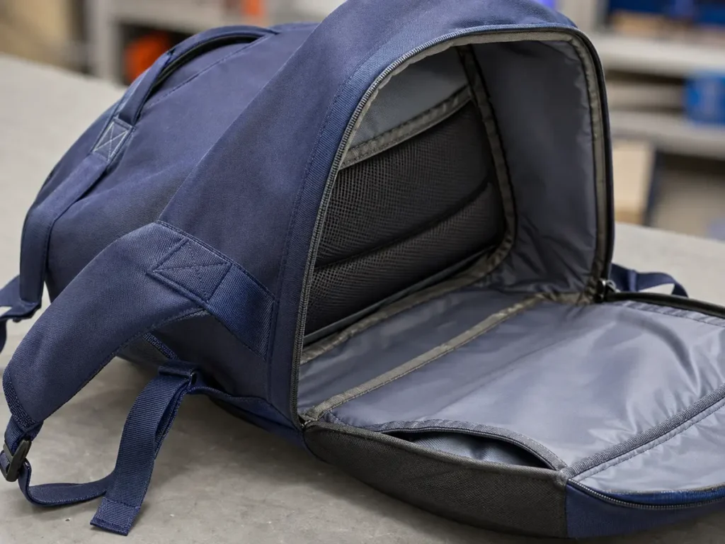 Inspect load paths, zipper geometry, seam finishing, and lower contact areas—not just the face fabric.